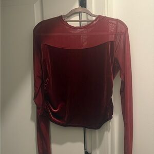 Women's Burgundy Velvet & Mesh Long-Sleeve Top
